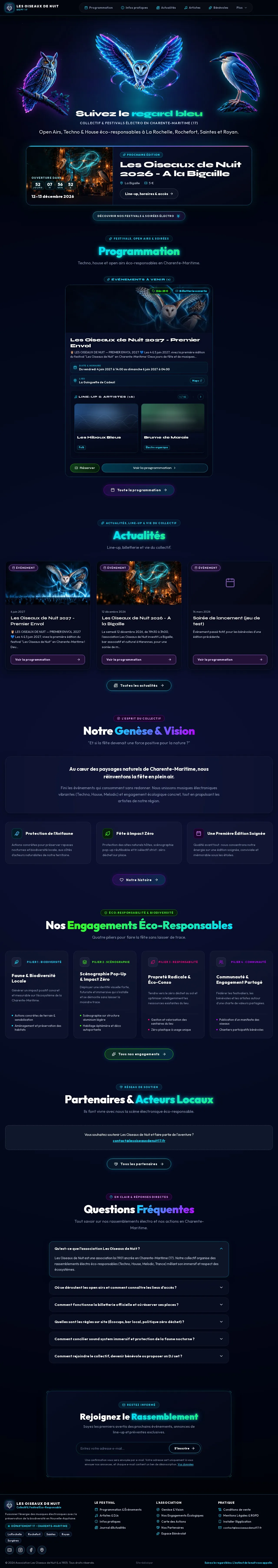 Page d’accueil du site Les Oiseaux de Nuit sur ordinateur, de haut en bas : les trois oiseaux nocturnes bioluminescents, Suivez le regard bleu, programmation, actualités, genèse du collectif, engagements éco-responsables, partenaires, questions fréquentes et inscription aux nouvelles