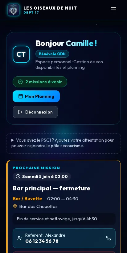 Espace bénévole des Oiseaux de Nuit sur téléphone